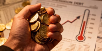 一只金色的手拿着金币，象征着用黄金偿还债务。