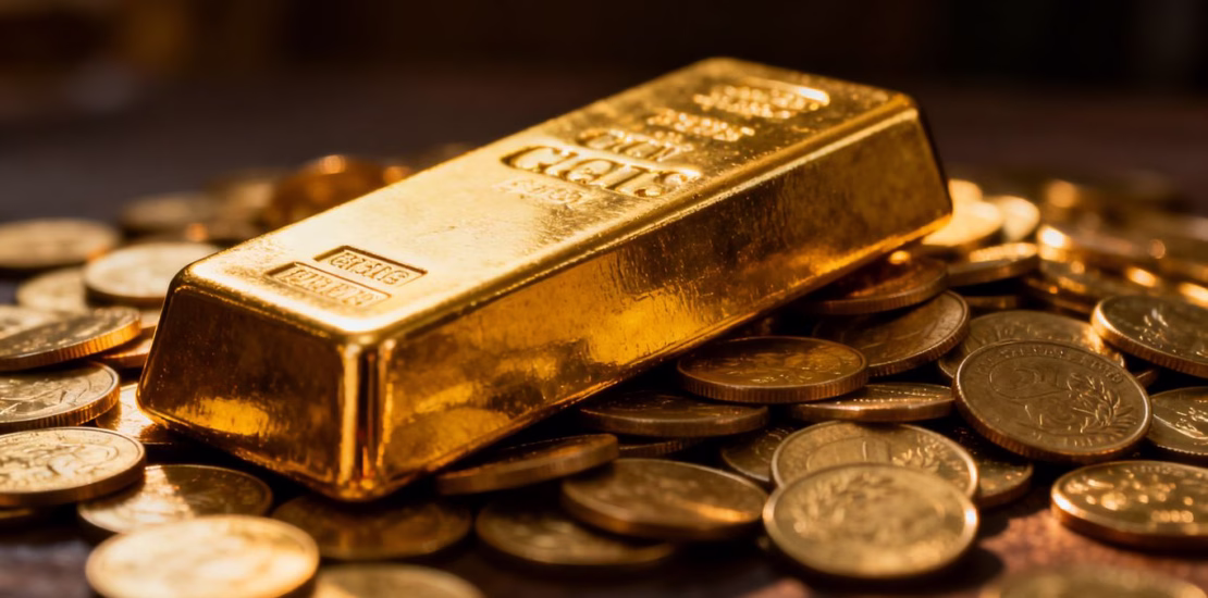 lingotes de oro y monedas de oro