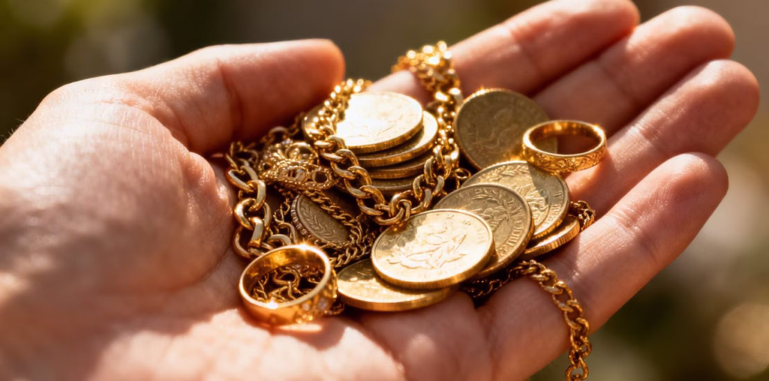 金手拿着金币和珠宝。