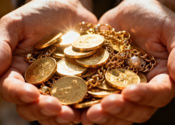 Mains tenant des pièces d'or et des bijoux brillants.