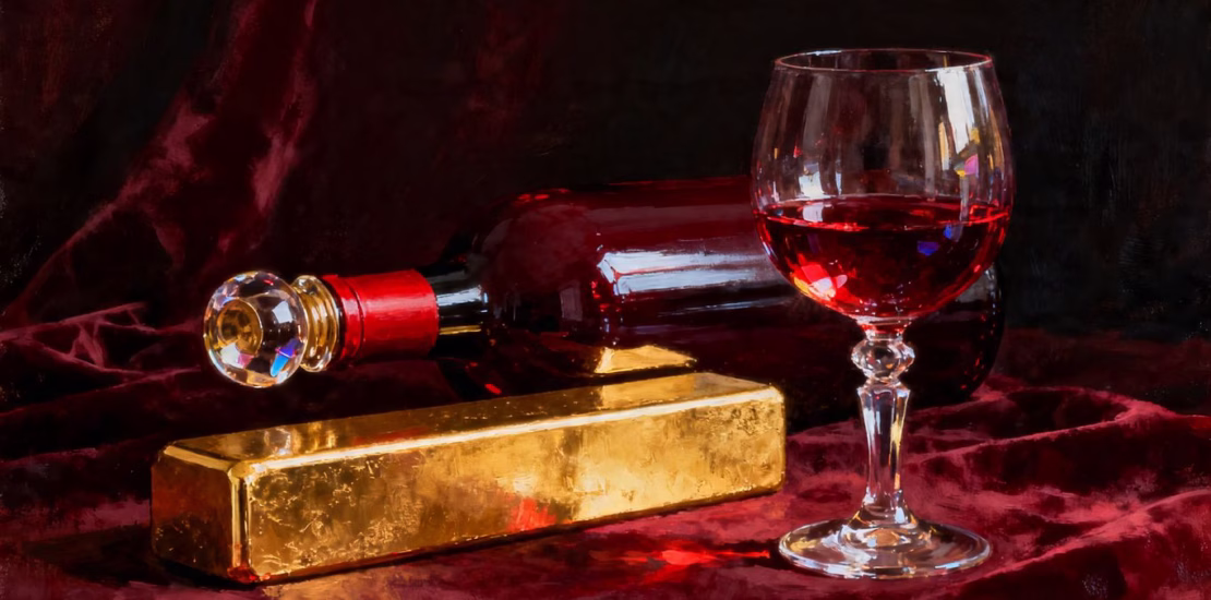 Lingot d'or et bouteille de vin rouge de luxe.