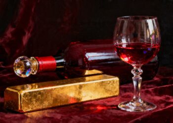 Lingot d'or et bouteille de vin rouge de luxe.
