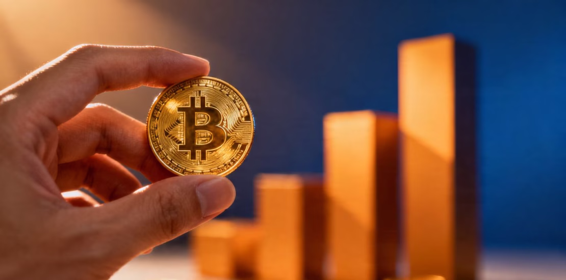 Main d'or tenant une pièce d'or brillante.