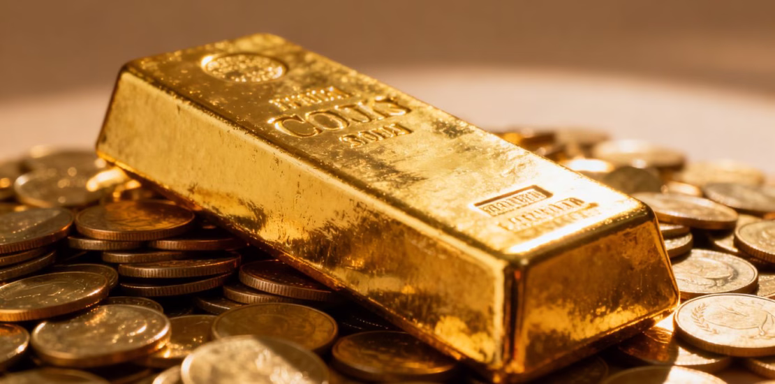 Lingots et pièces d'or brillants