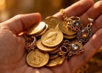 Main d'une personne tenant de l'or et des bijoux.