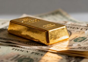 Barre d'or et actions, symbole d'investissement et d'inflation.