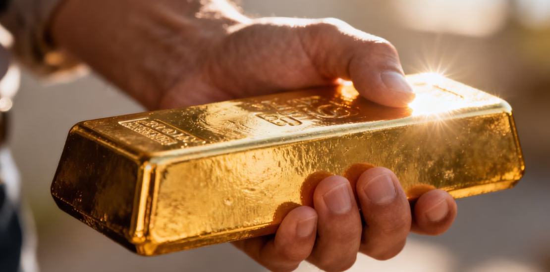 Main d'or tenant une barre d'or brillante.