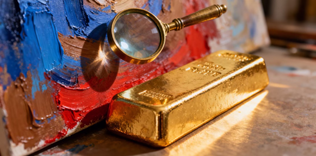 Barre d'or et peinture colorée, symbole d'investissement.
