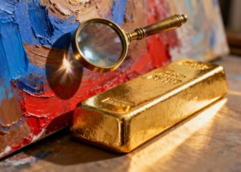 Barre d'or et peinture colorée, symbole d'investissement.