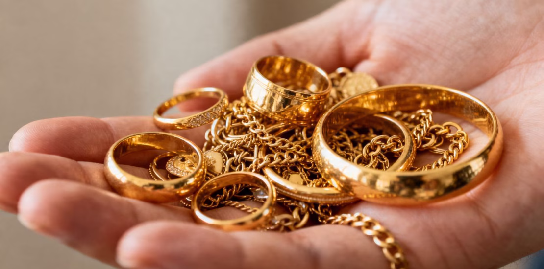 Main d'or tenant des bijoux en or