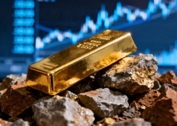 Lingots d'or et minerai brut, avec des tickers boursiers flous.