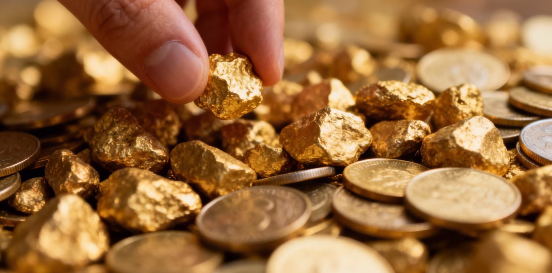 Nuggets d'or et pièces, main saisissant un lingot.