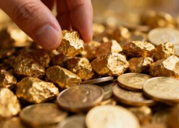 Nuggets d'or et pièces, main saisissant un lingot.