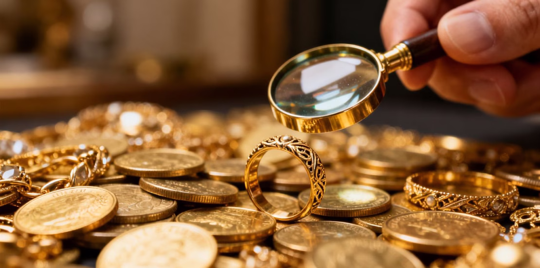 Or en lingots et bijoux, loupe examinant une bague.