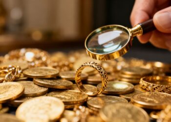 Or en lingots et bijoux, loupe examinant une bague.