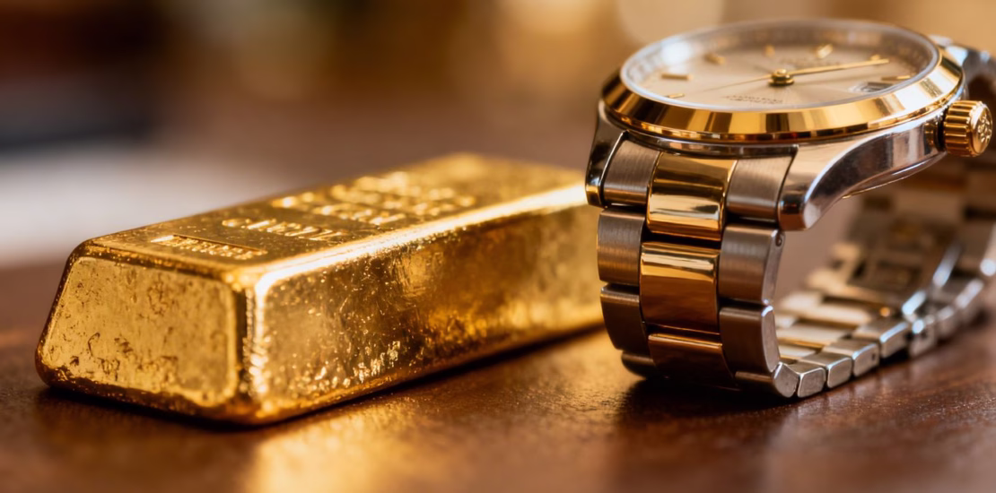 Barre d'or et montre de luxe
