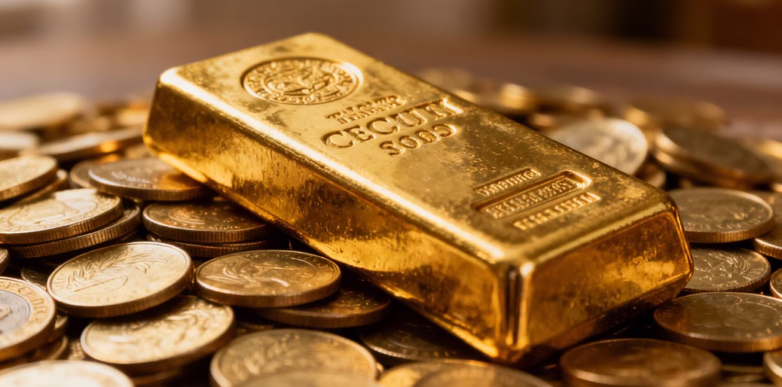 Lingot d'or sur des pièces d'or.