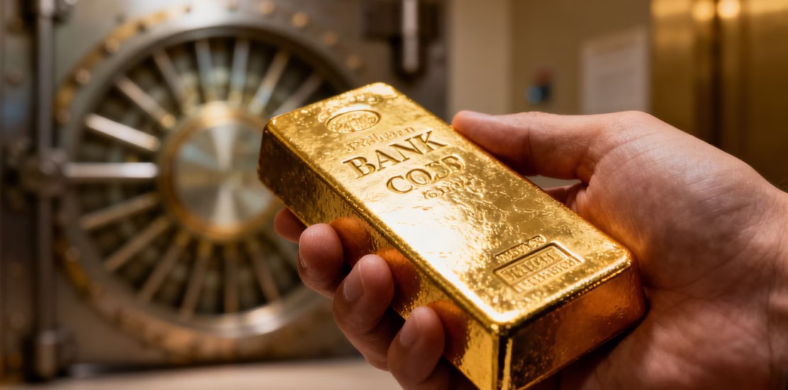 Main d'une personne tenant une barre d'or devant un coffre de banque.
