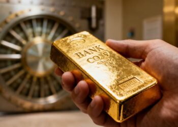 Main d'une personne tenant une barre d'or devant un coffre de banque.