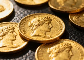 Pièces d'or françaises brillantes, gros plan, sur fond sombre.