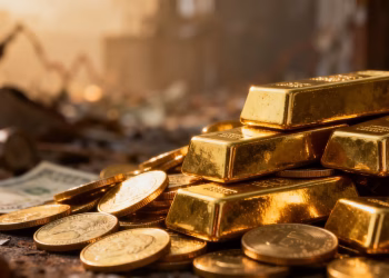 Or et crise économique : pièces et lingots d'or.