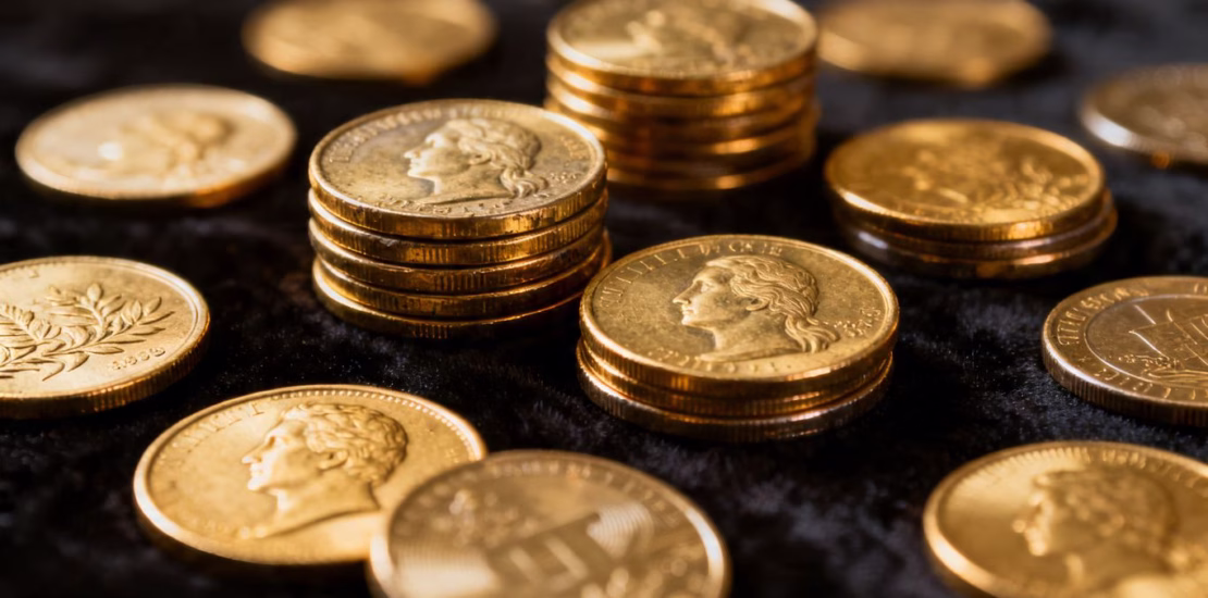 Pièces d'or de collection brillantes et texturées.