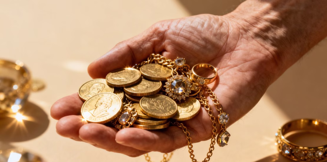 Main d'une personne tenant de l'or et des bijoux.