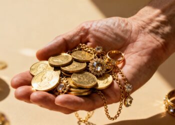 Main d'une personne tenant de l'or et des bijoux.