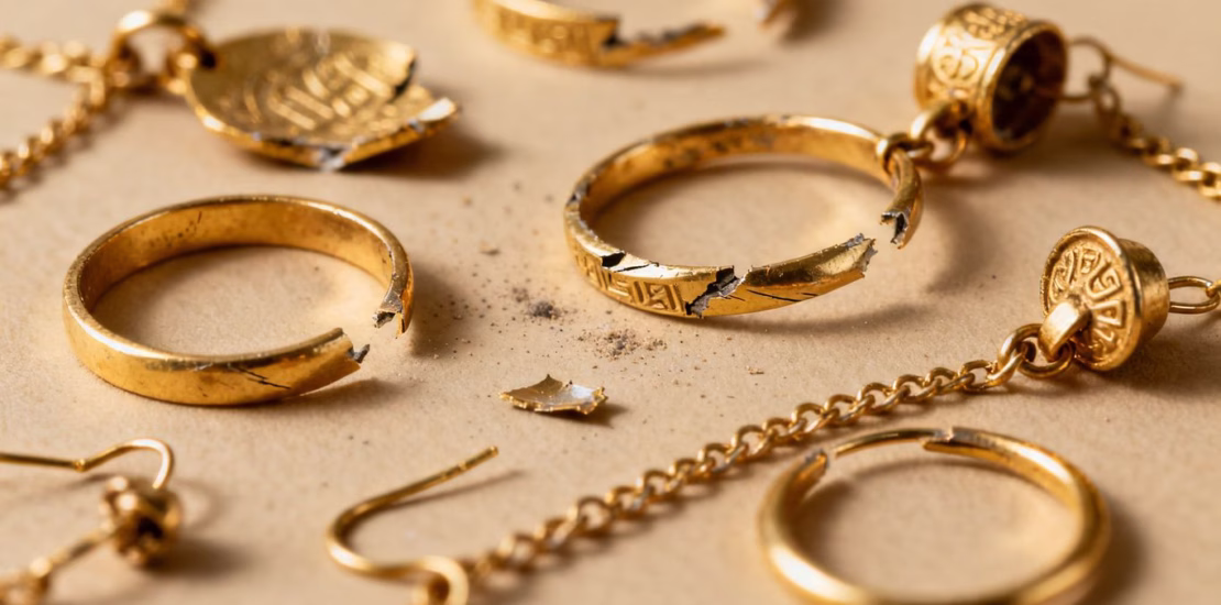 Bijoux en or cassés, gros plan, sur fond neutre.