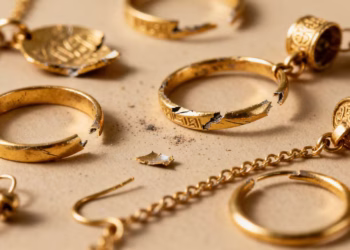 Bijoux en or cassés, gros plan, sur fond neutre.