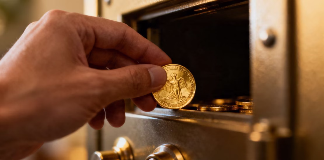Personne plaçant une pièce d'or dans un coffre-fort.