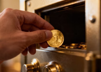 Personne plaçant une pièce d'or dans un coffre-fort.