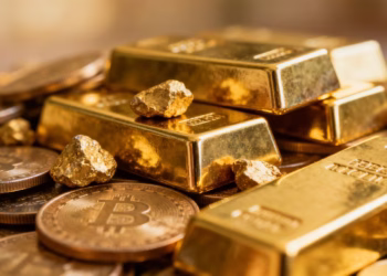 Lingots et pièces d'or brillants, symbole de richesse.