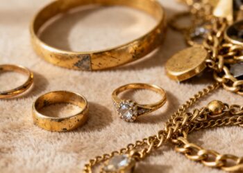 Bijoux en or divers, gros plan, pour vente.