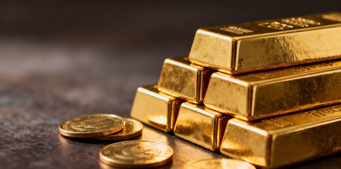 Lingots et pièces d'or brillants sur fond sombre.