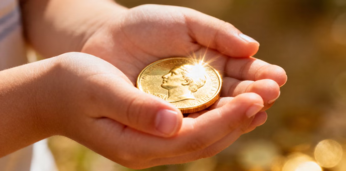 Mains d'enfant tenant une pièce d'or brillante.