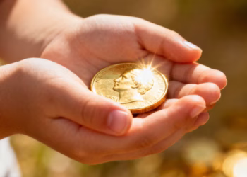 Mains d'enfant tenant une pièce d'or brillante.