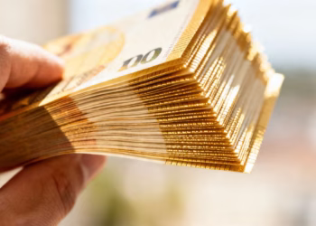 一只手拿着欧元钞票。