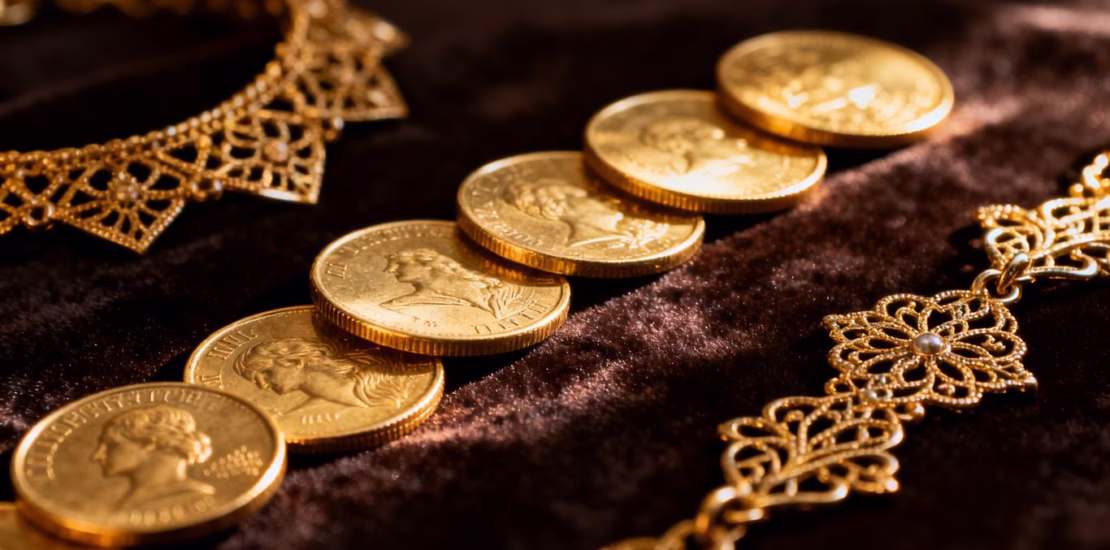 Pièces d'or et bijoux de collection brillants.