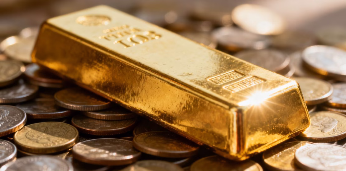 Lingot d'or sur des pièces, reflétant la lumière.