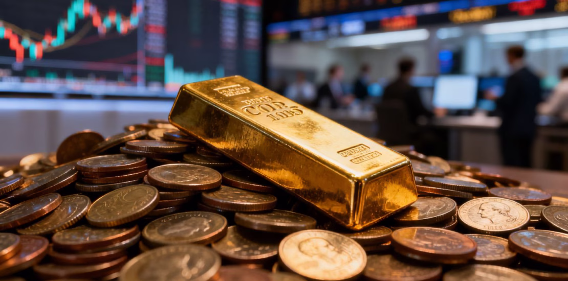 Barre d'or sur des pièces, bourse en arrière-plan.