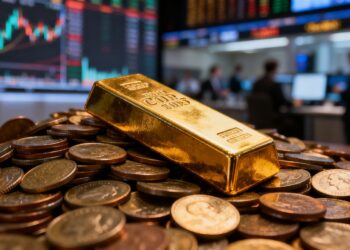 Barre d'or sur des pièces, bourse en arrière-plan.