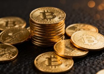 Pièces d'or modernes empilées et éparpillées.