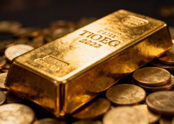 Lingot d'or et pièces d'or, symbole de richesse et d'investissement.