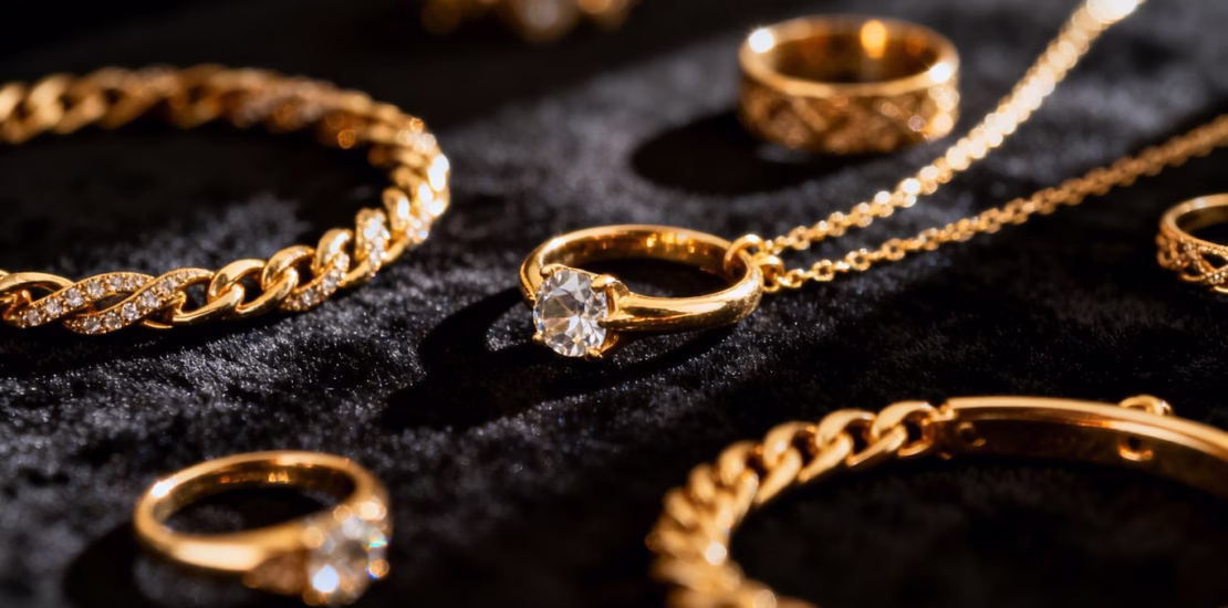 Bijoux en or 18 carats brillants et variés.