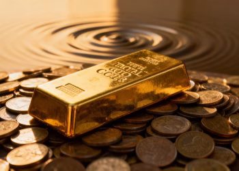 Lingot d'or et pièces avec effet d'inflation.