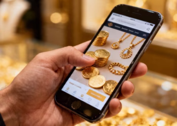 Gold hand holding a smartphone with gold coins and jewelry