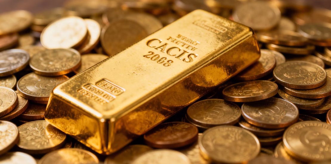 Barre d'or et pièces d'or pour un cadeau.