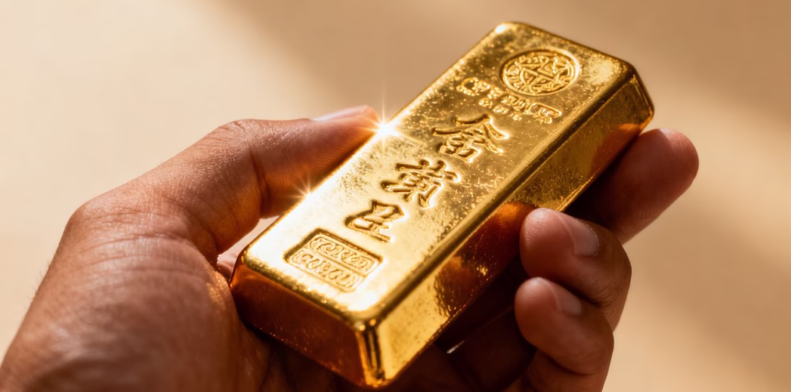 Main d'or tenant une barre d'or brillant.