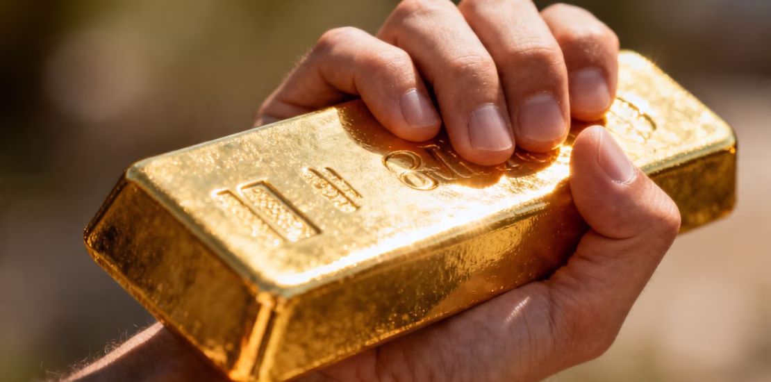 Une main tenant une barre d'or brillante.